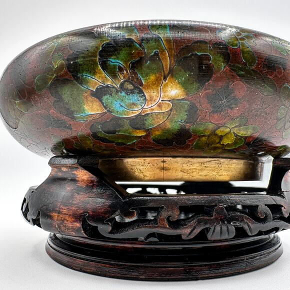 Vintage Chinese Cloisonne Enamel Bowl with Carved Lacquer Wood Stand - Picture 6 of 13